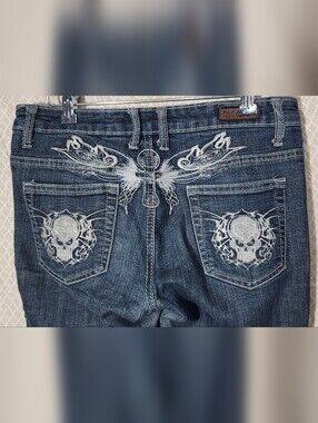 Vintage Y2K P&P Jeans Butterfly Skull Embroidered Back Pockets Women's size 7/8